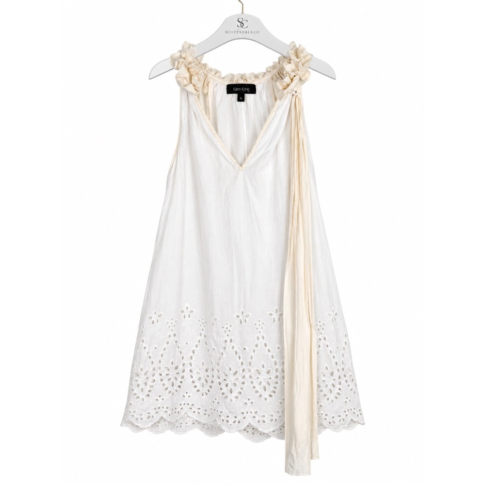 Karen Kane Top Womens M White Eyelet Embroidered Ruffle V-Neck Boho Sleeveless